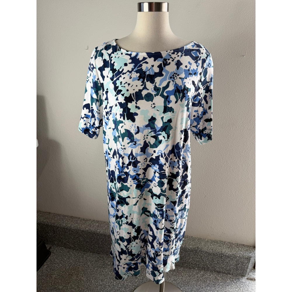 J Jill Womens Large Blue White Floral Abstract Knit Shift Dress Short Sleeve
